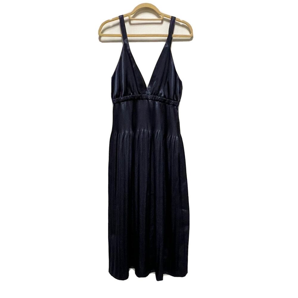 Hidden Forest Market Dress Pleated Slip Satin Gathered Flared Size M Blue‎ Midi